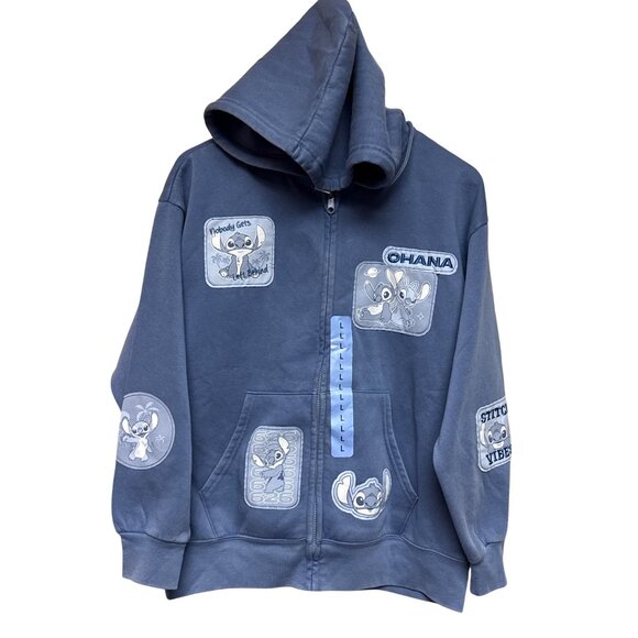 Disney Lilo Stitch Women's Hoodie Full Zip Patch Blue Hood Sweatshirt Large NEW - Picture 1 of 8